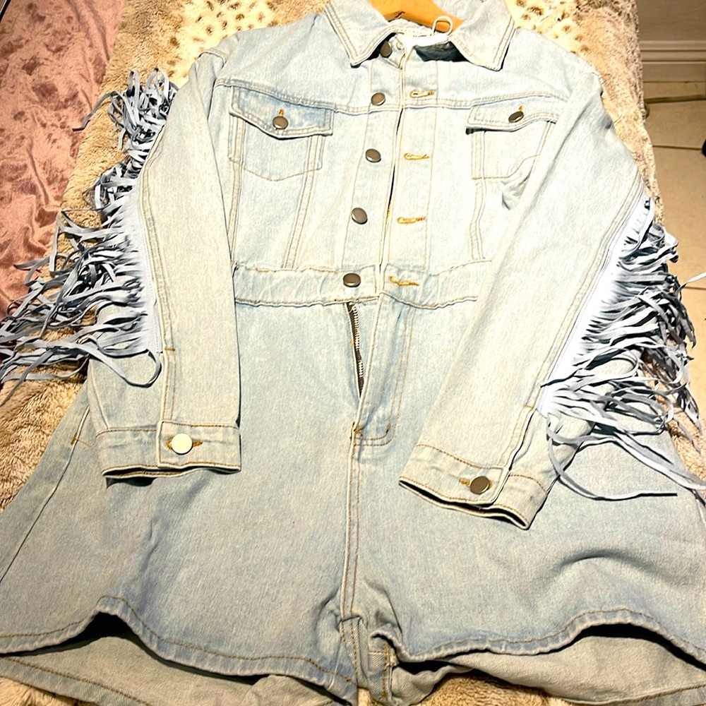Long sleeve denim shorts romper